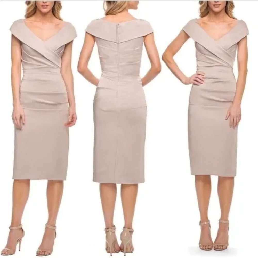 La Femme Off the Shoulder Ruched Column Midi Dress Frost Rose Size 12